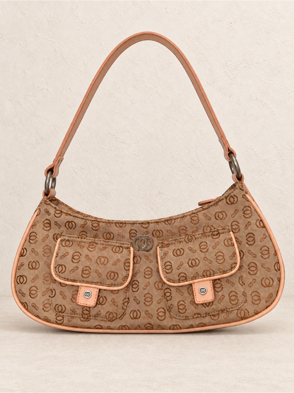 Y2K Monogram Jacquard Crescent Shoulder Bag Double Pocket Tan Peach